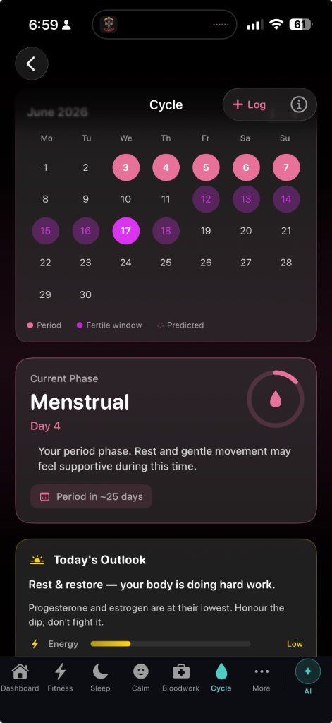 Cycle tracking app view